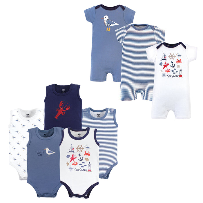 Hudson Baby Infant Boy Cotton Bodysuits and Rompers, 8-Piece, Sea Shore