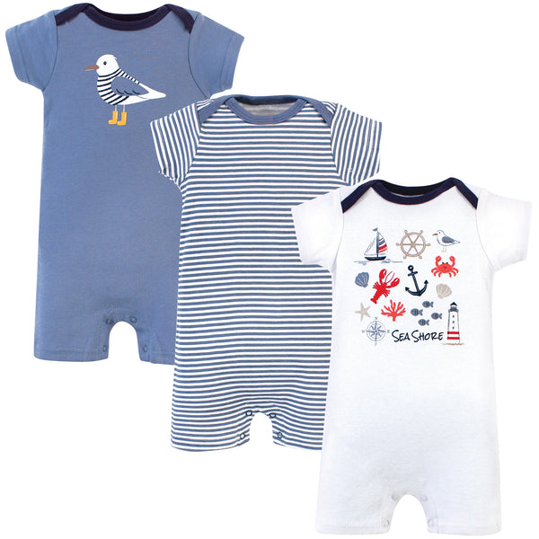 Hudson Baby Infant Boy Cotton Rompers 3 Pack, Sea Shore