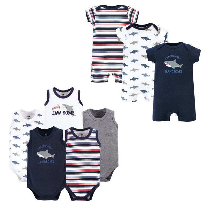 Hudson Baby Infant Boy Cotton Bodysuits and Rompers, 8-Piece, Shark