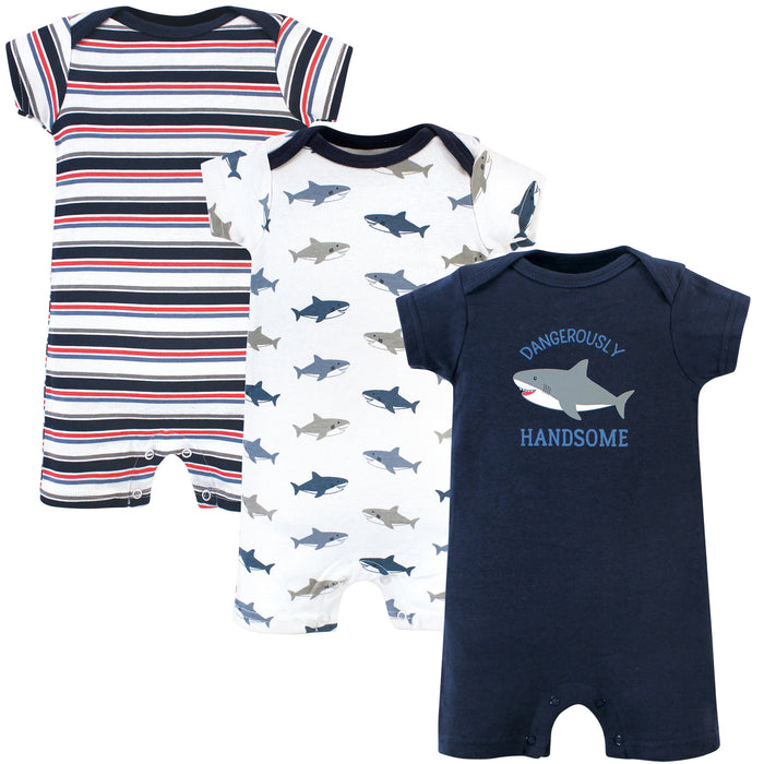 Hudson Baby Infant Boy Cotton Rompers 3 Pack, Shark