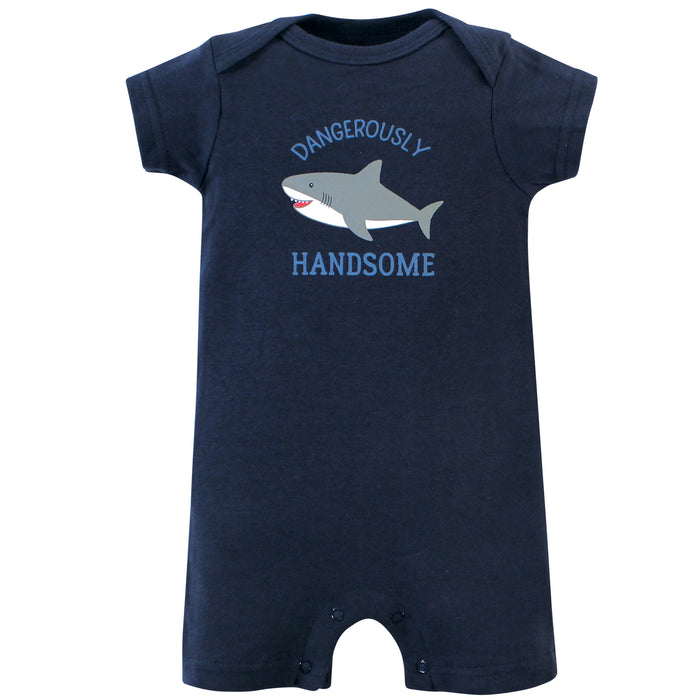 Hudson Baby Infant Boy Cotton Rompers 3 Pack, Shark