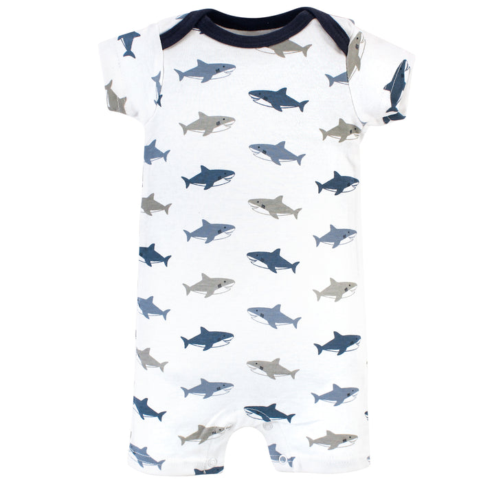 Hudson Baby Infant Boy Cotton Rompers 3 Pack, Shark