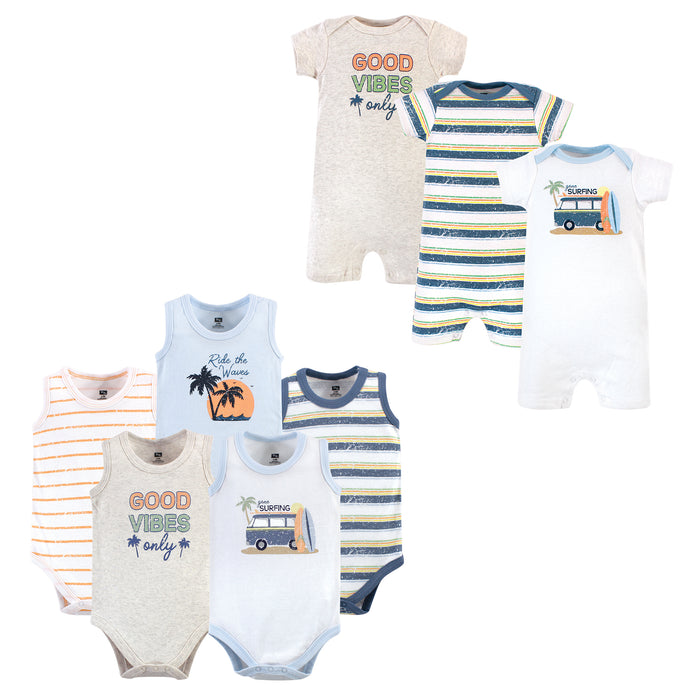Hudson Baby Infant Boy Cotton Bodysuits and Rompers, 8-Piece, Gone Surfing