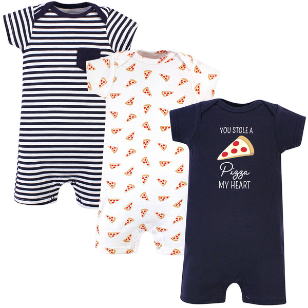 Hudson Baby Infant Boy Cotton Rompers 3 Pack, Pizza