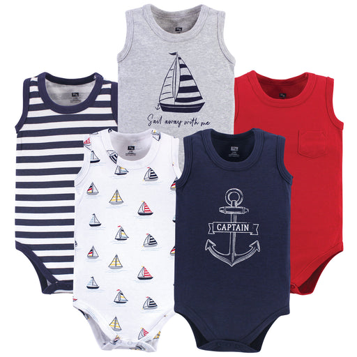 Hudson Baby Infant Boy Cotton Sleeveless Bodysuits 5 Pack, Captain