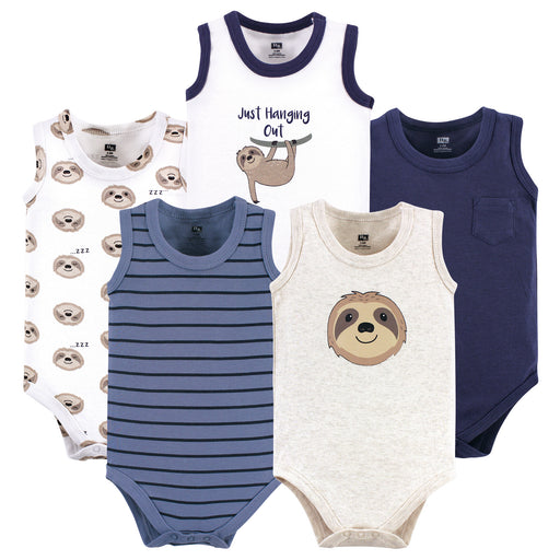 Hudson Baby Infant Boy Cotton Sleeveless Bodysuits 5 Pack, Sloth