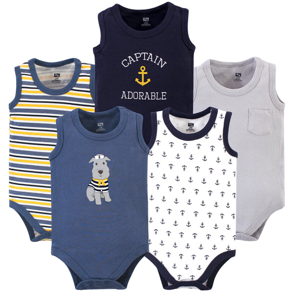 Hudson Baby Infant Boy Cotton Sleeveless Bodysuits 5 Pack, Sailor Dog