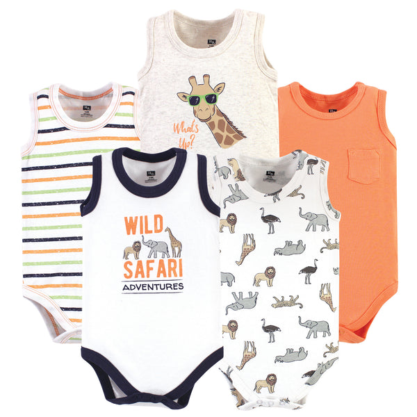 Hudson Baby Infant Boy Cotton Sleeveless Bodysuits 5 Pack, Wild Safari