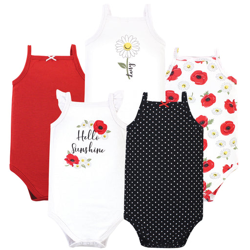 Hudson Baby Infant Girl Cotton Sleeveless Bodysuits 5 Pack, Poppy Daisy