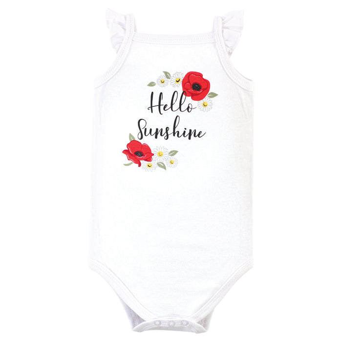 Hudson Baby Infant Girl Cotton Sleeveless Bodysuits 5 Pack, Poppy Daisy