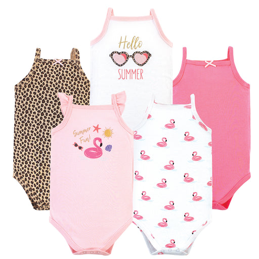 Hudson Baby Infant Girl Cotton Sleeveless Bodysuits 5 Pack, Summer Fun