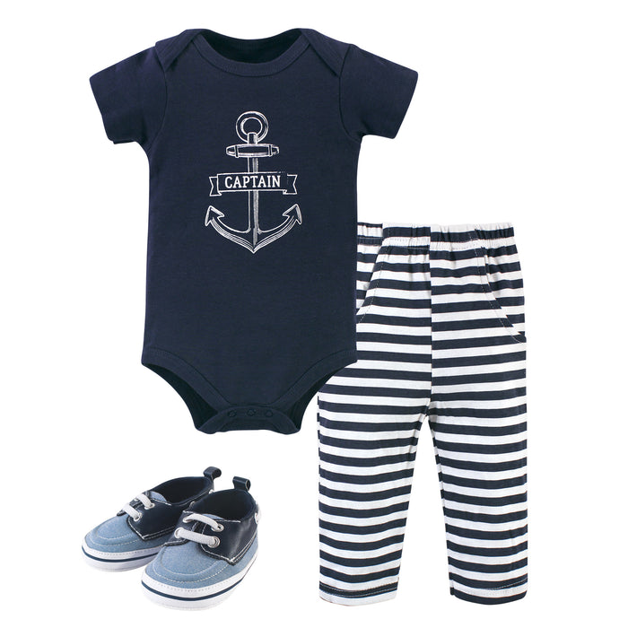 Hudson Baby Infant Boy Cotton Bodysuit, Pant and Shoe 3 Piece Set, Captain