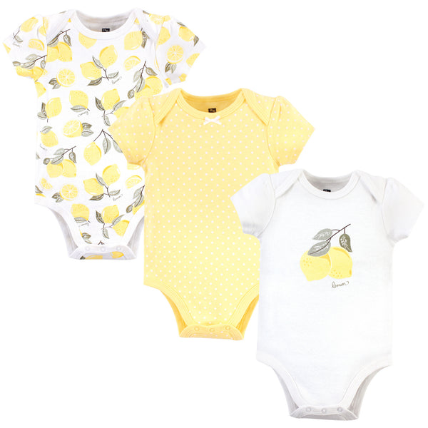 Hudson Baby Infant Girl Cotton Bodysuits 3 Pack, Lemon