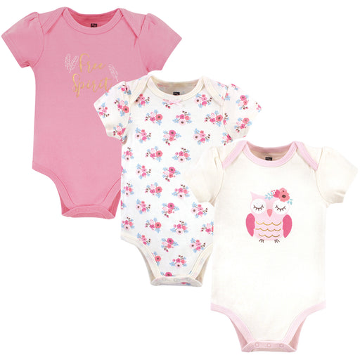 Hudson Baby Infant Girl Cotton Bodysuits 3 Pack, Free Spirit Owl