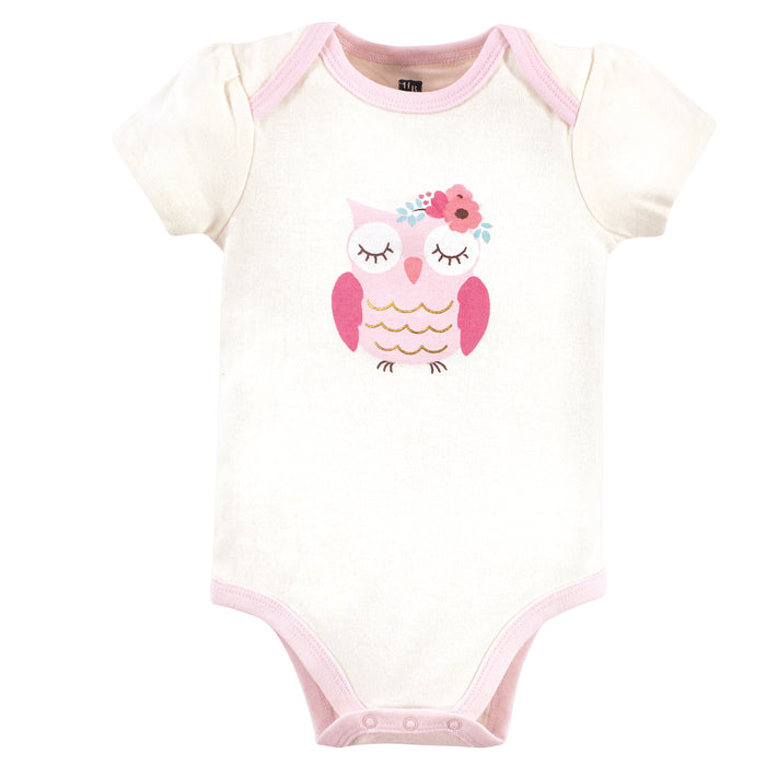 Hudson Baby Infant Girl Cotton Bodysuits 3 Pack, Free Spirit Owl