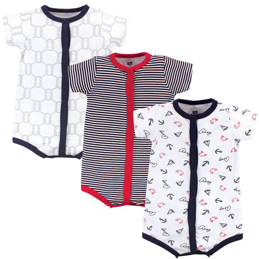 Hudson Baby Infant Boy Cotton Rompers 3 Pack, Ahoy