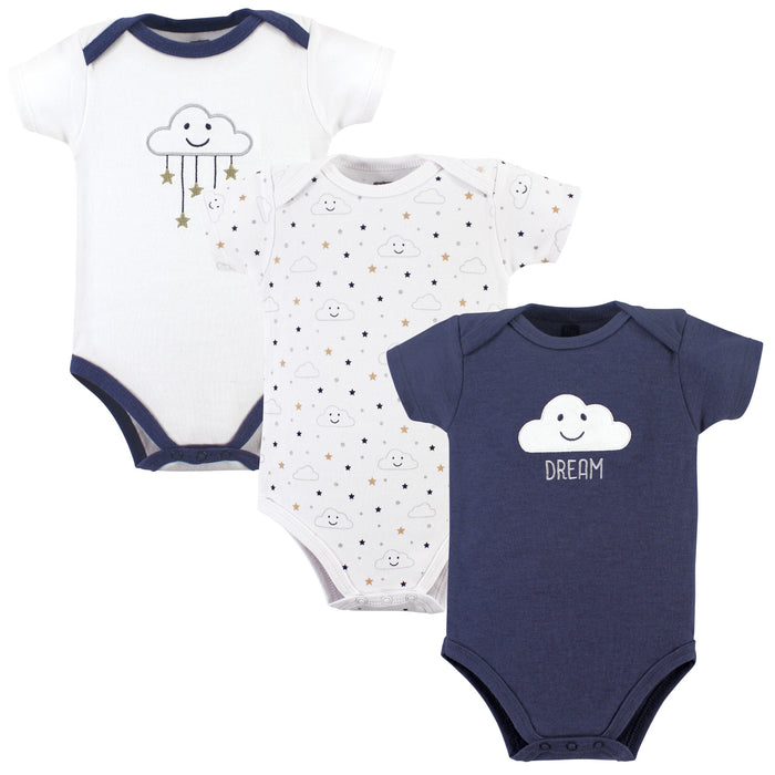 Hudson Baby Infant Boy Cotton Bodysuits 3 Pack, Navy Clouds