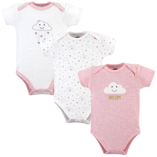Hudson Baby Infant Girl Cotton Bodysuits 3 Pack, Pink Clouds