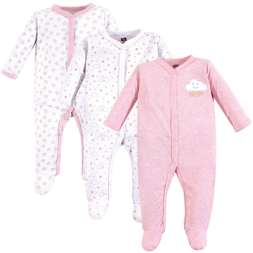 Hudson Baby Infant Girl Cotton Snap Sleep and Play 3 Pack, Pink Clouds