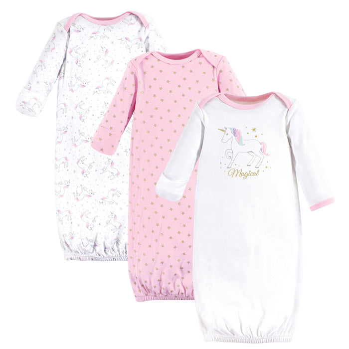 Hudson Baby Infant Girl Cotton Long-Sleeve Gowns 3 Pack, Magical Unicorn 0-6 Months