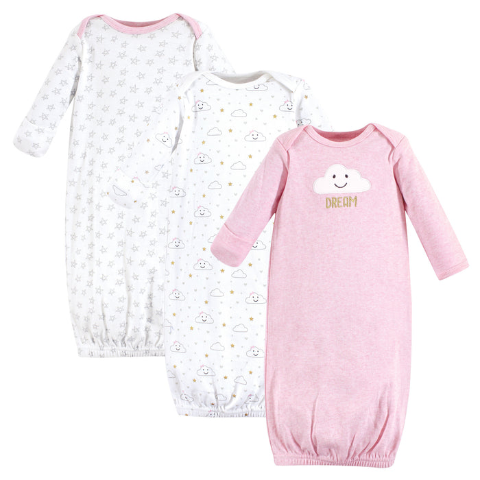 Hudson Baby Girl Cotton Gowns, Pink Clouds, Preemie/Newborn 3-Pack