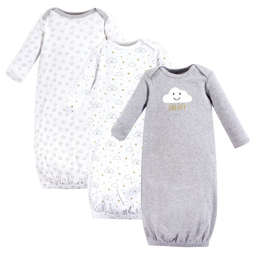 Hudson Baby Infant Cotton Long-Sleeve Gowns 3-Pack, Gray Clouds