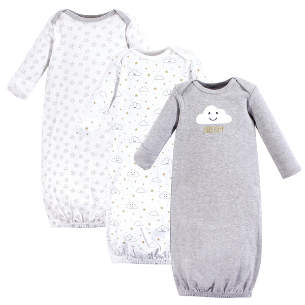 Hudson Baby Infant Cotton Long-Sleeve Gowns 3-Pack, Gray Clouds