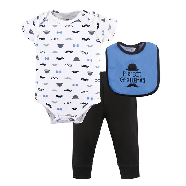 Hudson Baby Infant Boy Cotton Bodysuit, Pant and Bib Set, Perfect Gentlemen