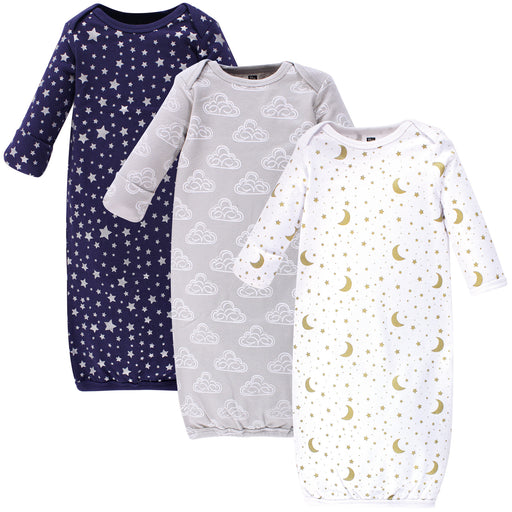 Hudson Baby Infant Cotton Long-Sleeve Gowns 3-Pack, Navy Stars & Moon