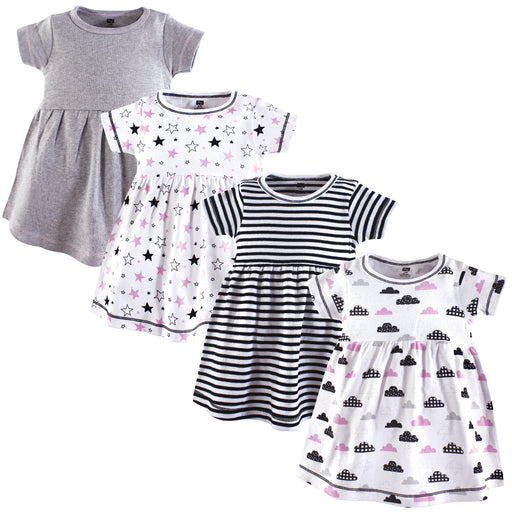 Hudson Baby Infant and Toddler Girl Cotton Short-Sleeve Dresses 4 Pack, Moon And Back