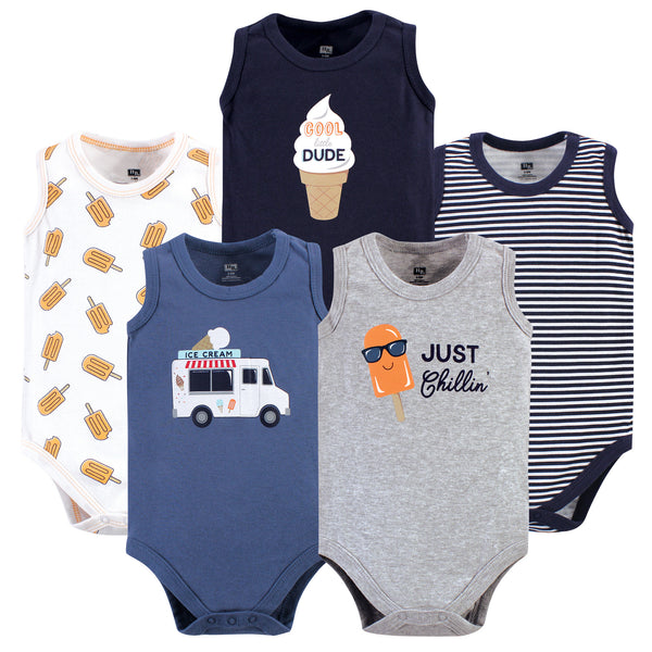 Hudson Baby Infant Boy Cotton Sleeveless Bodysuits 5 Pack, Ice Cream Truck