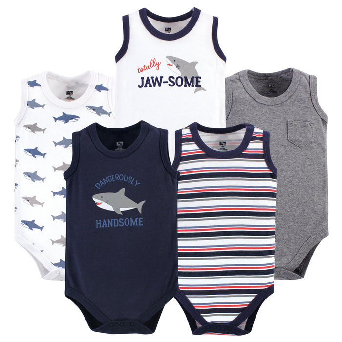 Hudson Baby Infant Boy Cotton Sleeveless Bodysuits 5 Pack, Shark