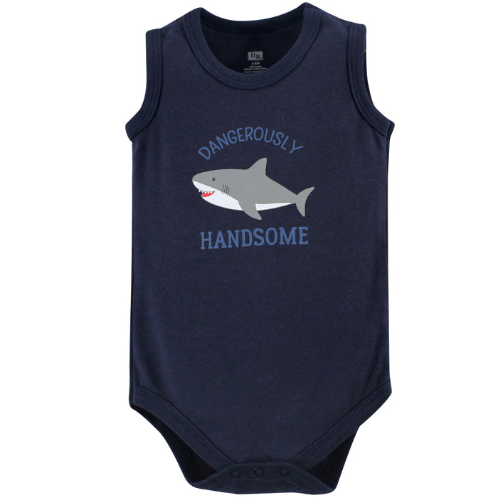Hudson Baby Infant Boy Cotton Sleeveless Bodysuits 5 Pack, Shark