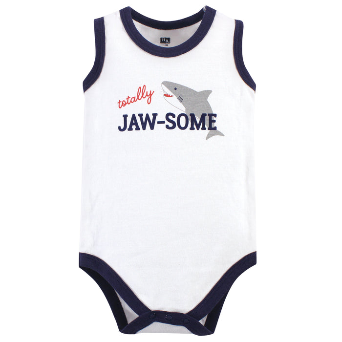 Hudson Baby Infant Boy Cotton Sleeveless Bodysuits 5 Pack, Shark