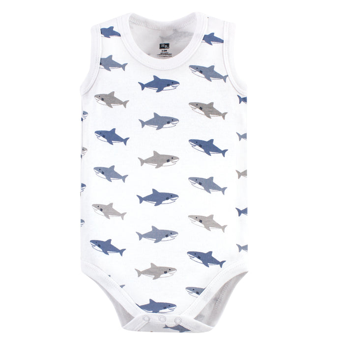 Hudson Baby Infant Boy Cotton Sleeveless Bodysuits 5 Pack, Shark