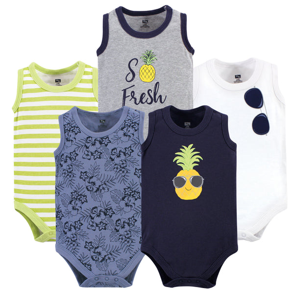 Hudson Baby Infant Boy Cotton Sleeveless Bodysuits 5 Pack, Pineapple