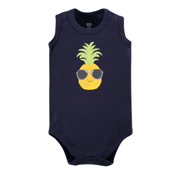 Hudson Baby Infant Boy Cotton Sleeveless Bodysuits 5 Pack, Pineapple