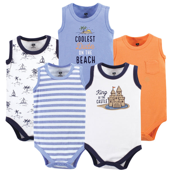 Hudson Baby Infant Boy Cotton Sleeveless Bodysuits 5 Pack, Sandcastle