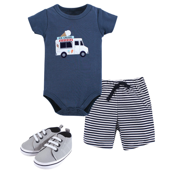 Hudson Baby Infant Boy Cotton Bodysuit, Shorts and Shoe 3 Piece Set, Ice Cream Truck