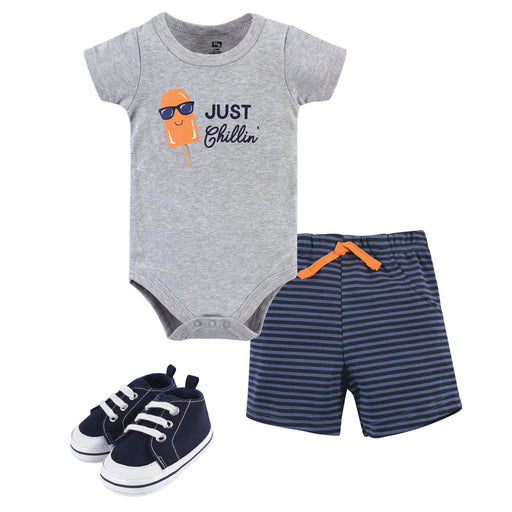 Hudson Baby Infant Boy Cotton Bodysuit, Shorts and Shoe 3 Piece Set, Chillin Popsicle