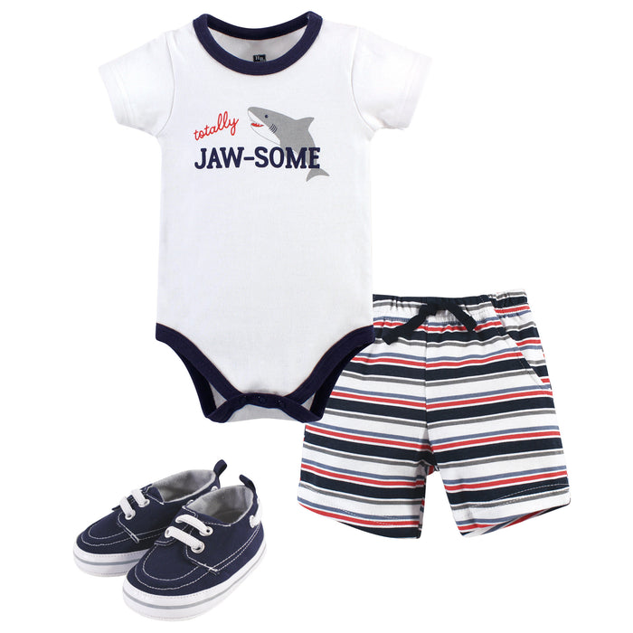 Hudson Baby Infant Boy Cotton Bodysuit, Shorts and Shoe 3 Piece Set, Jawsome
