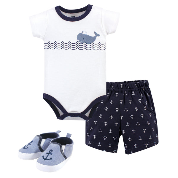 Hudson Baby Infant Boy Cotton Bodysuit, Shorts and Shoe 3 Piece Set, Blue Sailor Whale