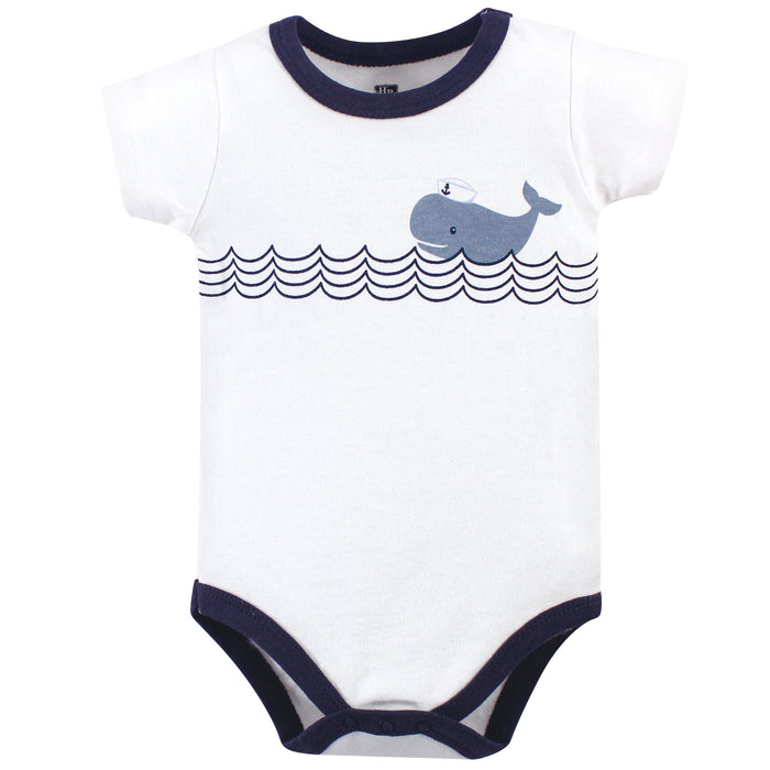 Hudson Baby Infant Boy Cotton Bodysuit, Shorts and Shoe 3 Piece Set, Blue Sailor Whale