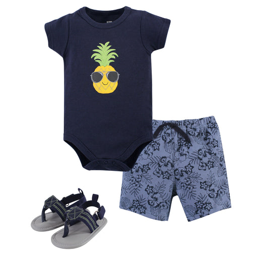 Hudson Baby Infant Boy Cotton Bodysuit, Shorts and Shoe 3 Piece Set, Pineapple