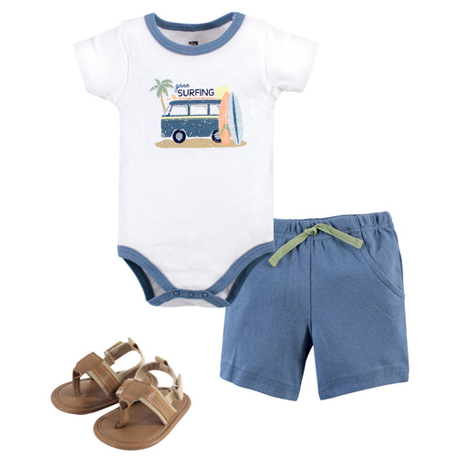 Hudson Baby Infant Boy Cotton Bodysuit, Shorts and Shoe 3 Piece Set, Gone Surfing