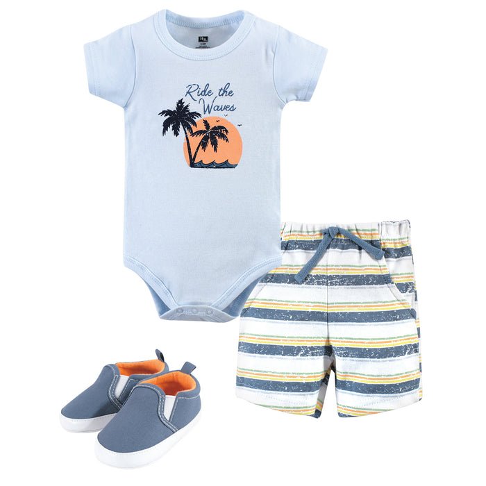 Hudson Baby Infant Boy Cotton Bodysuit, Shorts and Shoe 3 Piece Set, Ride Waves