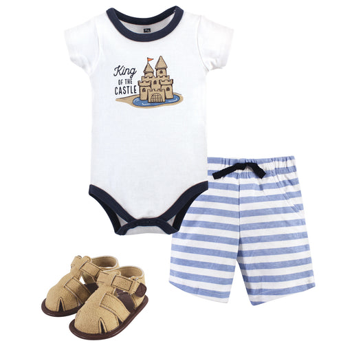 Hudson Baby Infant Boy Cotton Bodysuit, Shorts and Shoe 3 Piece Set, Sandcastle