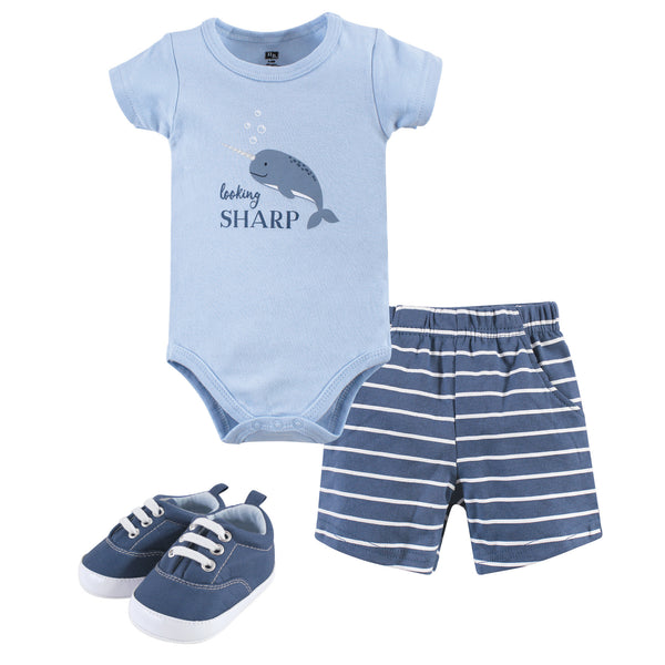 Hudson Baby Infant Boy Cotton Bodysuit, Shorts and Shoe 3 Piece Set, Narwhal