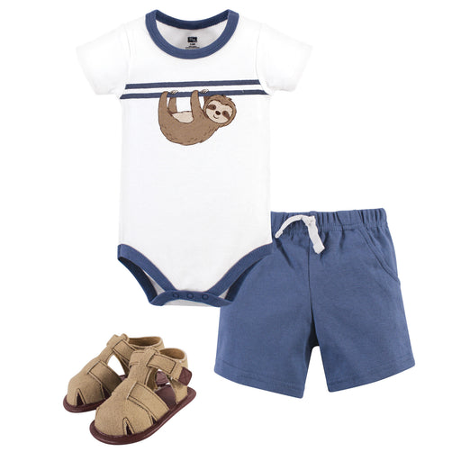 Hudson Baby Infant Boy Cotton Bodysuit, Shorts and Shoe 3 Piece Set, Sloth
