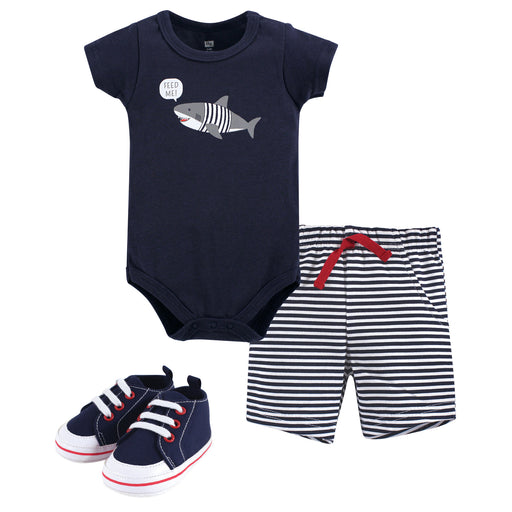 Hudson Baby Infant Boy Cotton Bodysuit, Shorts and Shoe 3 Piece Set, Blue Shark